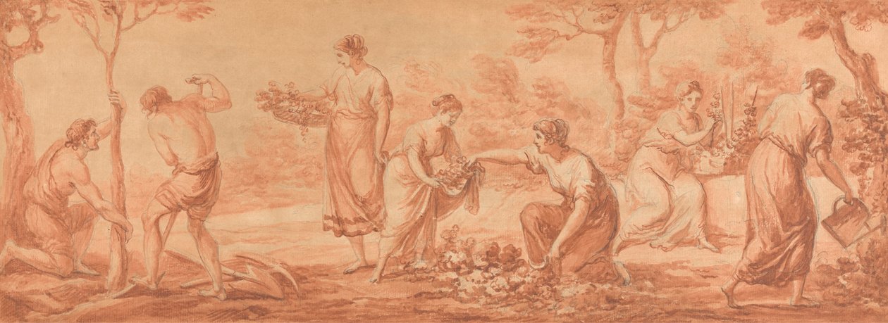 En frise: Mænd planter træer, kvinder samler blomster og vander blomster af Angelica Kauffmann