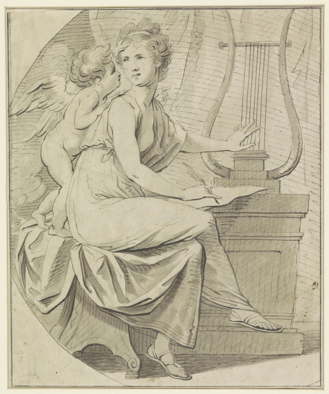 Amor inspirerer en ung kvinde, der klimprer på en lyre med den ene hånd og skriver med den anden af Angelica Kauffmann