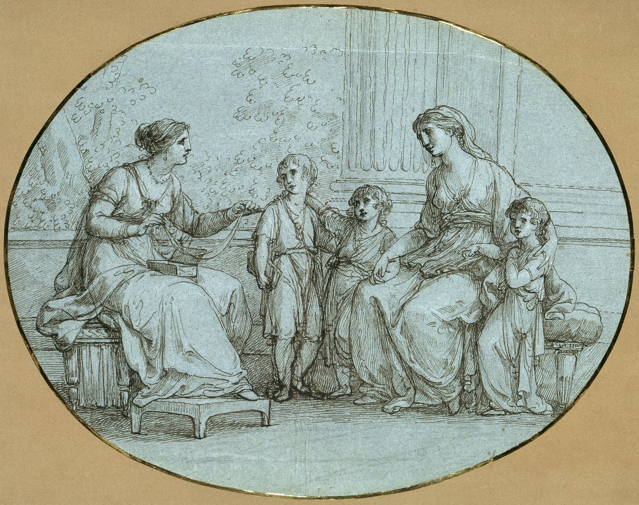 Cornelia, Gracchernes mor, sidder (til højre) over for en rig romersk kvinde, som hun viser sine tre børn som sin kostbareste ejendom af Angelica Kauffmann