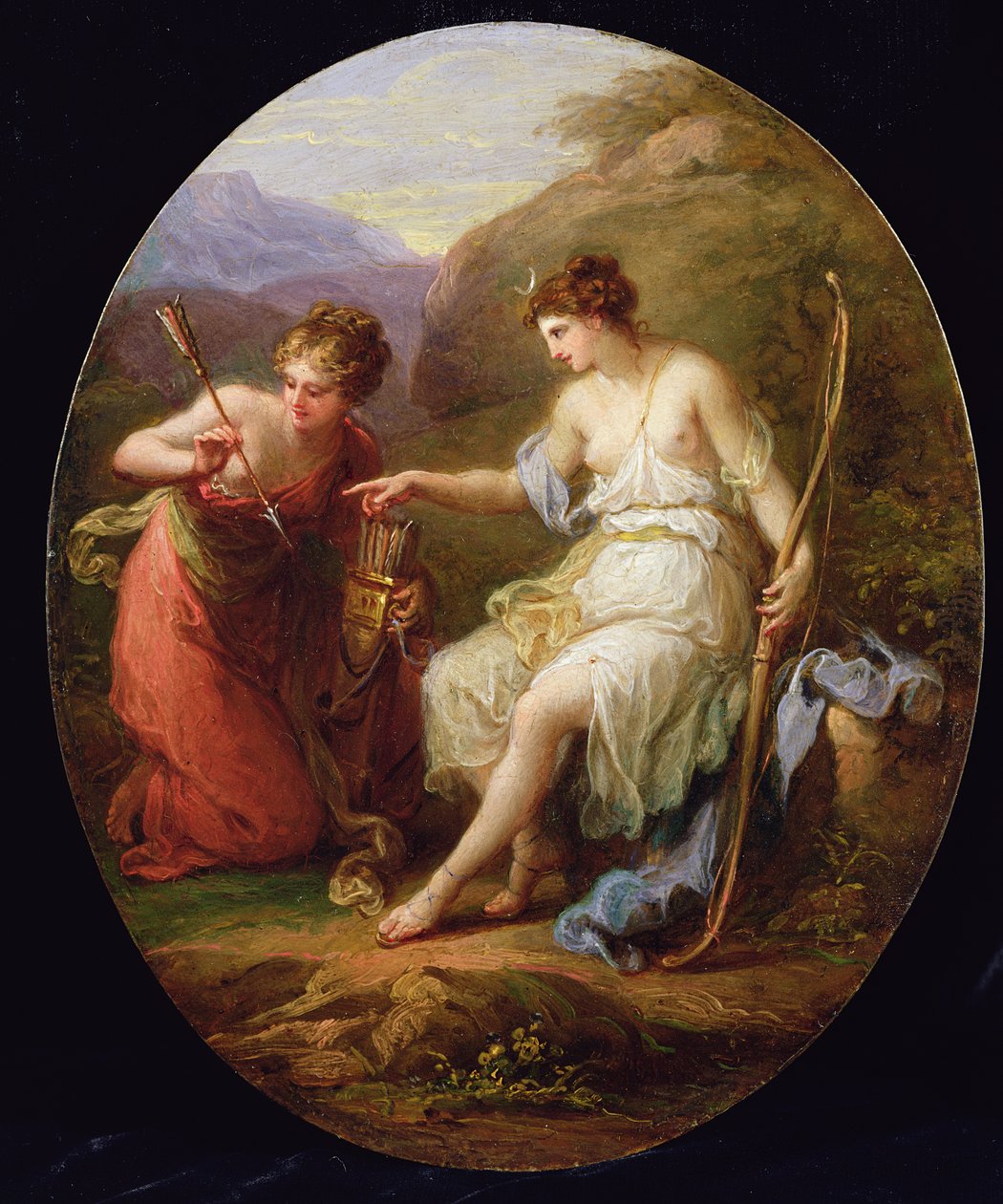 Diana forbereder sig til jagt (olie på kobber) af Angelica Kauffmann