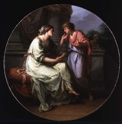 Papirius Pratextatus opfordret af sin mor til at afsløre hemmelighederne bag det romerske senats overvejelser (olie på lærred) af Angelica Kauffmann