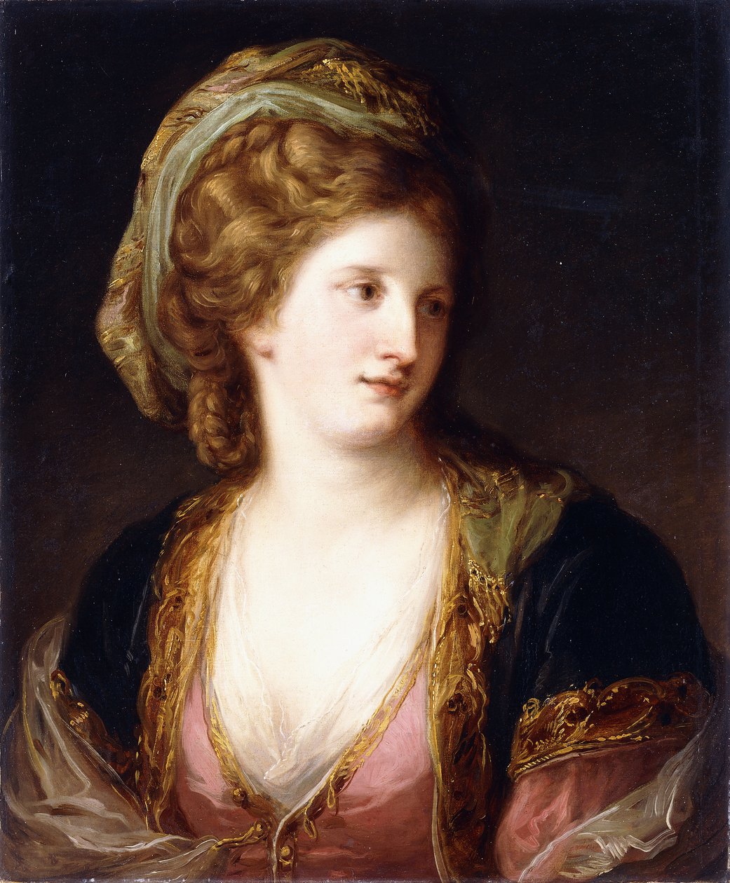 Portræt af kunstneren, brystlængde, iført en lyserød kjole og en guldbroderet blå kappe, 1767 af Angelica Kauffmann