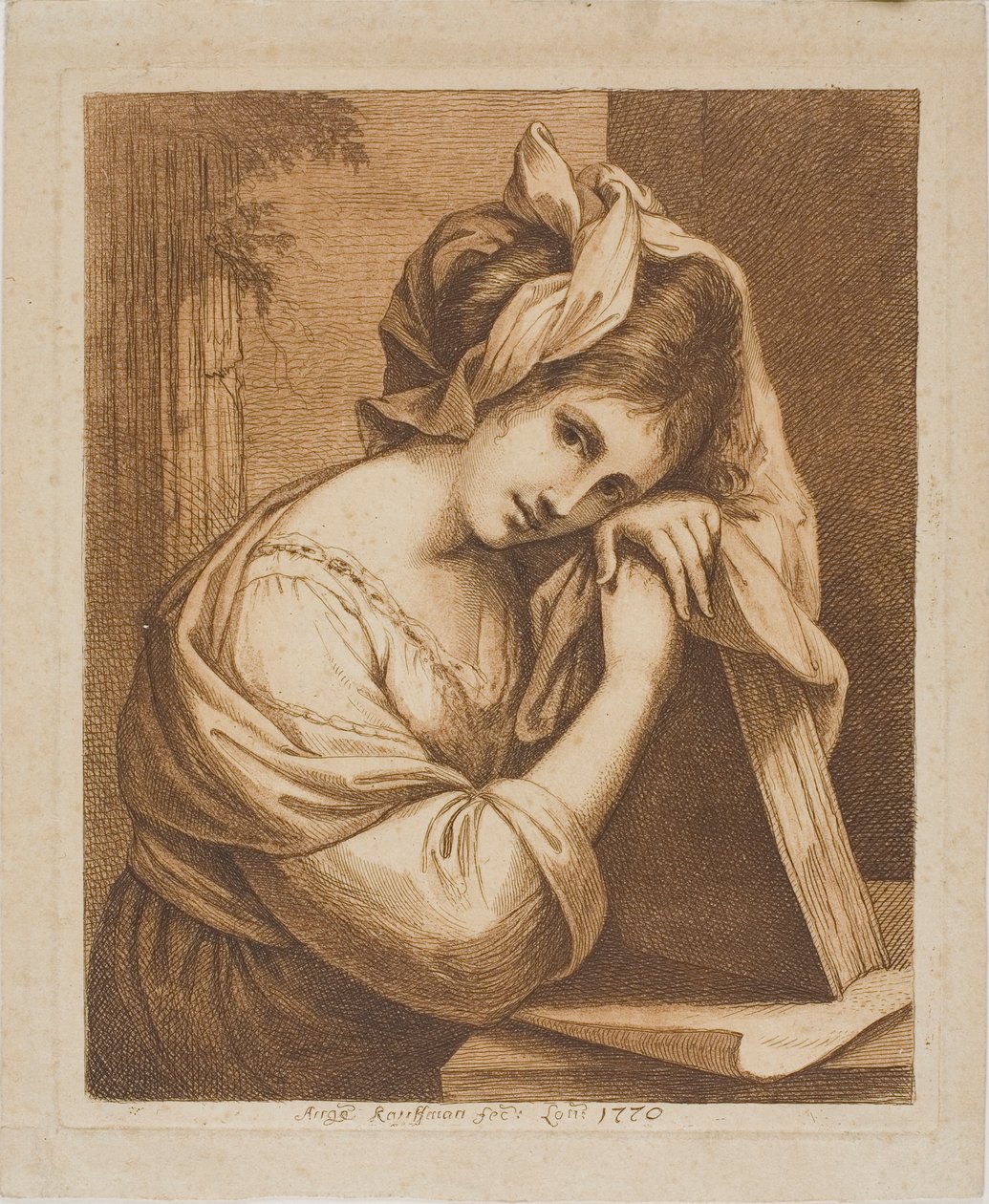 Kvinde hviler sit hoved på en bog af Angelica Kauffmann