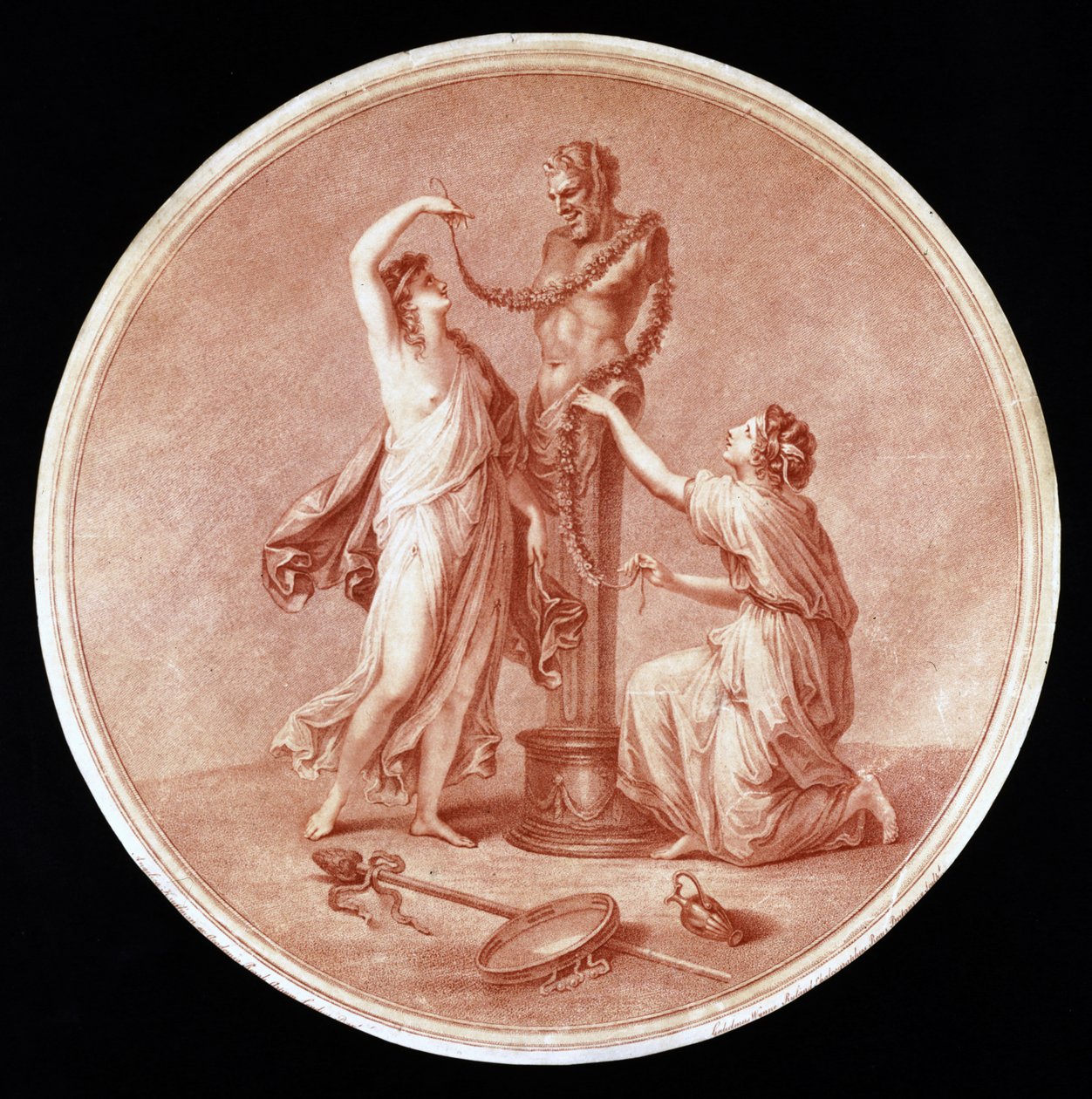 Nymfer pryder en statue af Pan, indgraveret af William Wynne Ryland (1732-83) 1776 (rød stiplet gravering) af Angelica after Kauffmann
