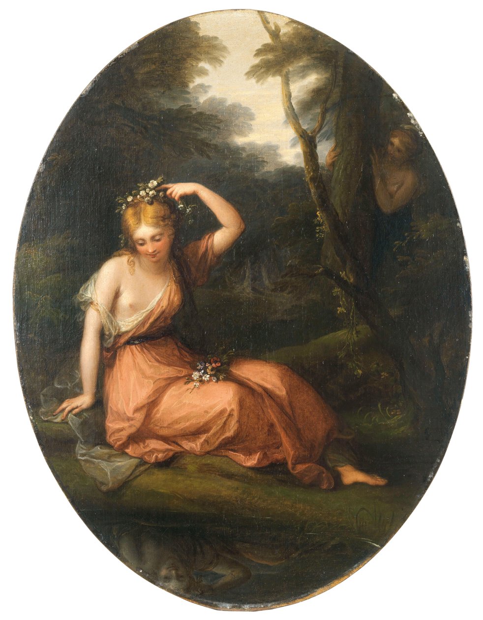 Silvia, dekorerede sig selv med blomster, mens hun blev observeret af Daphne, 1783. af Angelica Kauffmann
