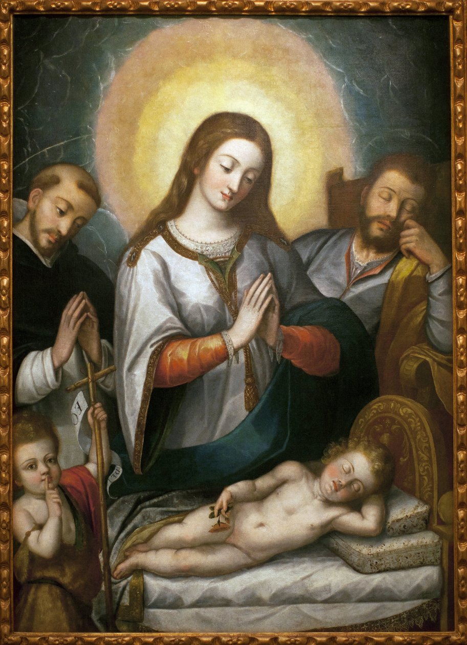 Den hellige familie med Johannes Døberen og Sankt Dominikus. Maleri af Angelino Medoro (1576-1633), olie på lærred af Angelino Medoro