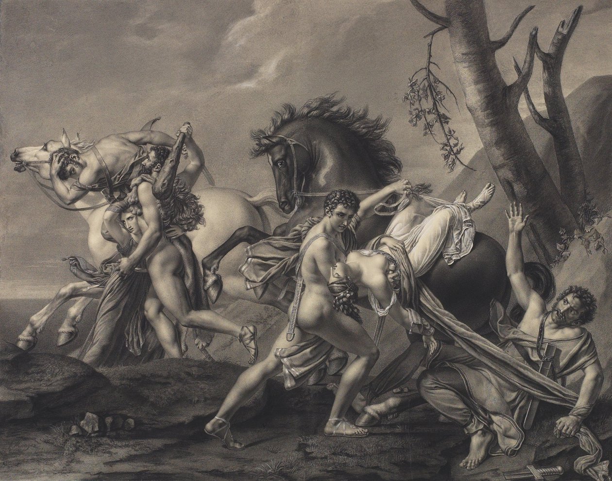 Theseus og Pirithoüs renser Jorden for Brigands, befrier to kvinder fra deres bortføreres hænder af Angelique Mongez