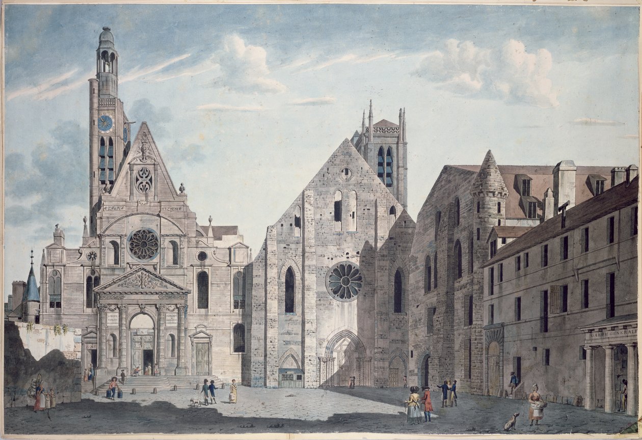 Facader af kirkerne St. Genevieve og St. Etienne du Mont, Paris, ca. 1800 (pen og blæk og wc på papir) af Angelo Garbizza