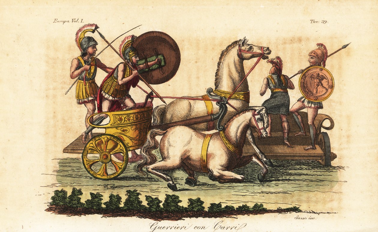 Gamle græske krigere med malede skjolde, der kører på en biga- eller to-hestes vogn af Angelo (after) Monticelli