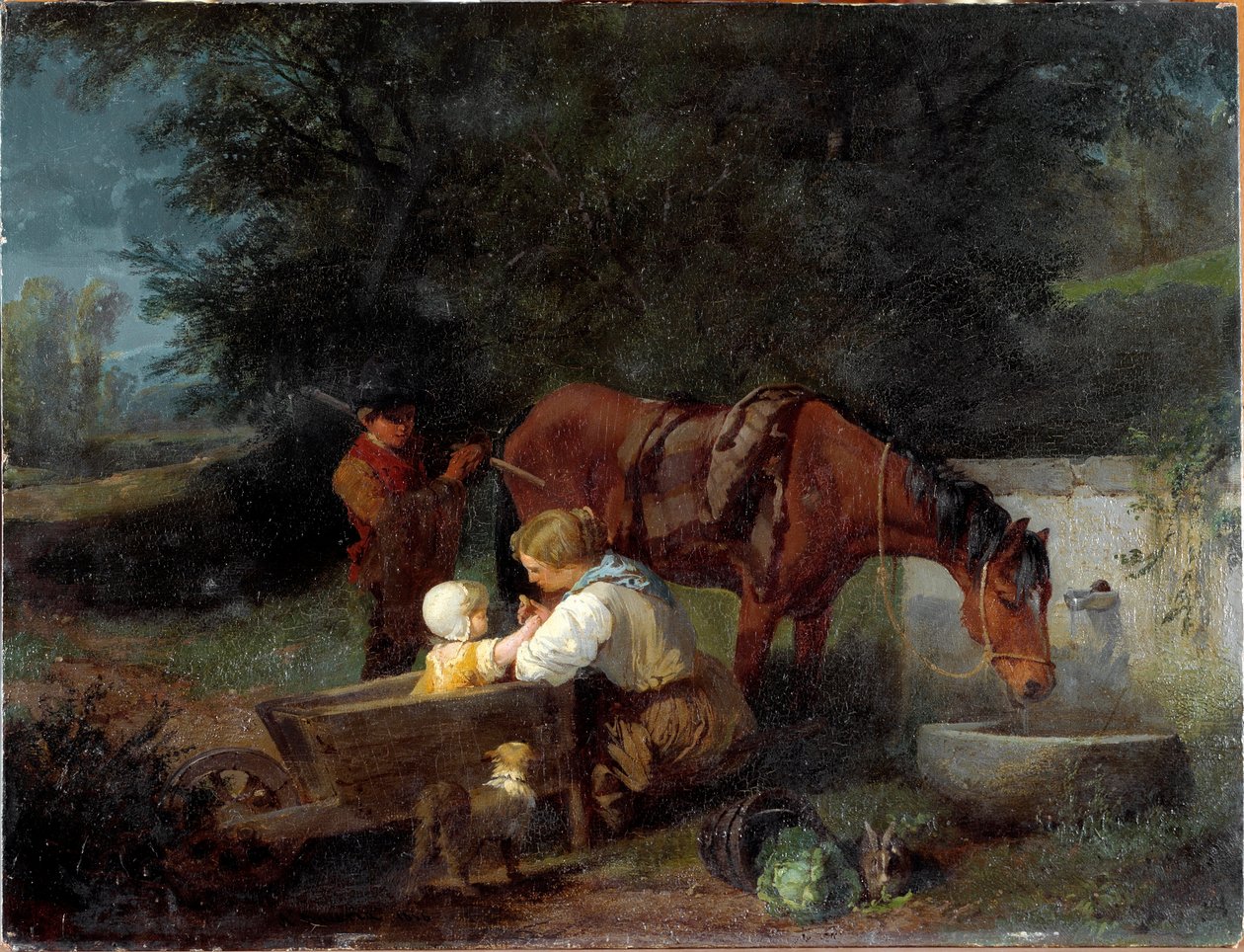 En bonde med sit barn, en bondemand og en hest Maleri af Angelo Beccaria (1820-1897) af Angelo Beccaria