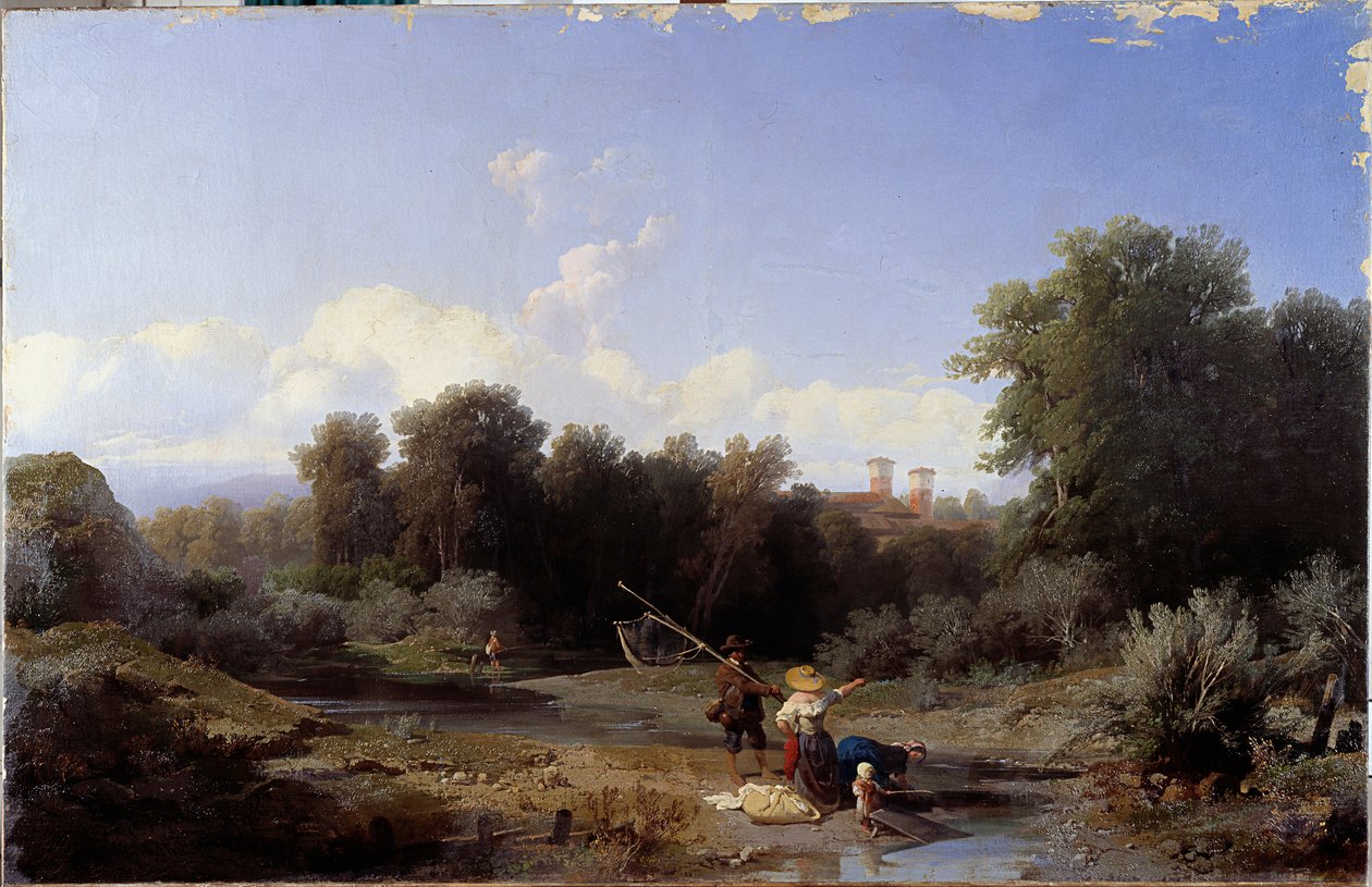 Landskab eller "" Fiskeri"" (Fiskeri i en flod) Maleri af Angelo Beccaria (1820-1897) 1855 Dim 94x146 cm Genes, Galleria d