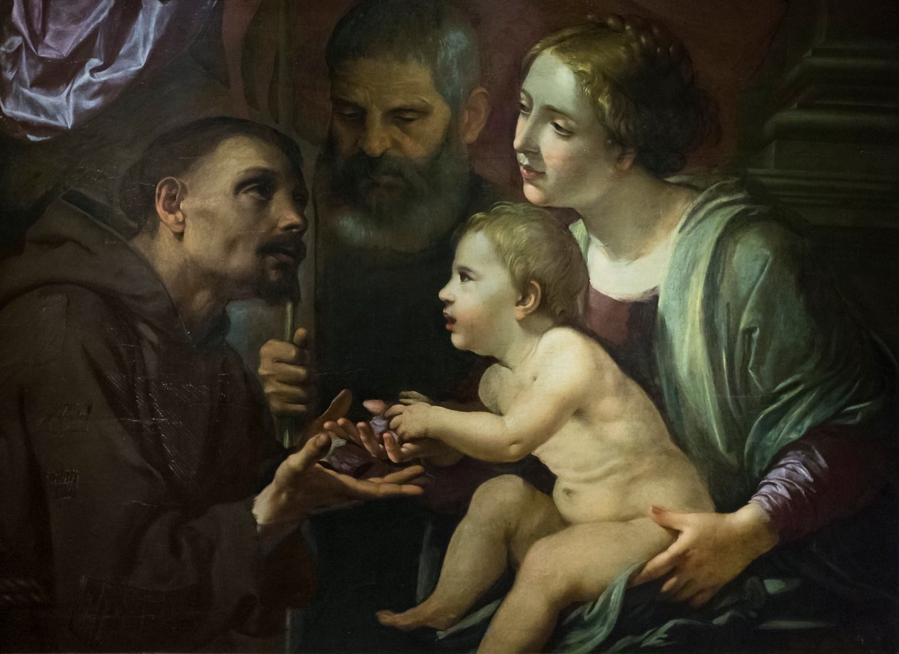 Hellig familie med den hellige Frans af Assisi af Angelo Caroselli