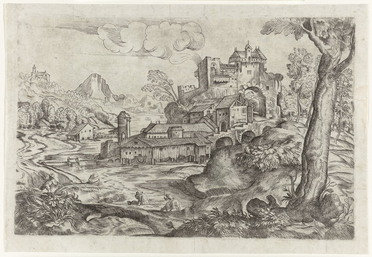 Landskab med flod og slot af Angelo Falconetto (attributed to)