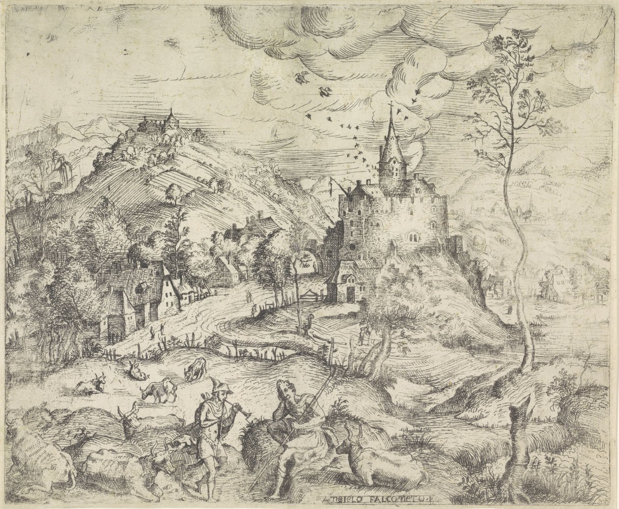 Landskab med Merkur, der stjæler Apollos flok af Angelo Falconetto