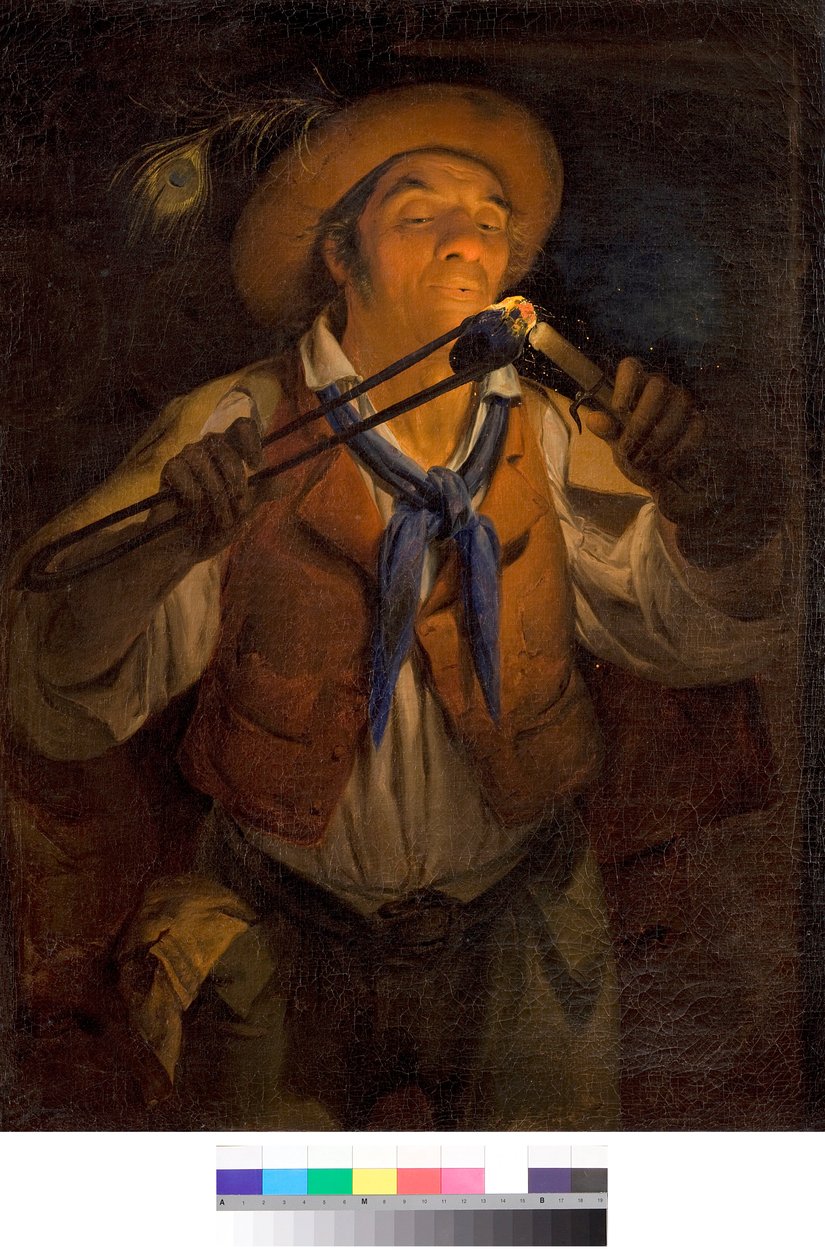 En bonde tænder et lys med et brændende kul Maleri af Angelo Inganni (1807-1880) 1850 Privat samling af Angelo Inganni