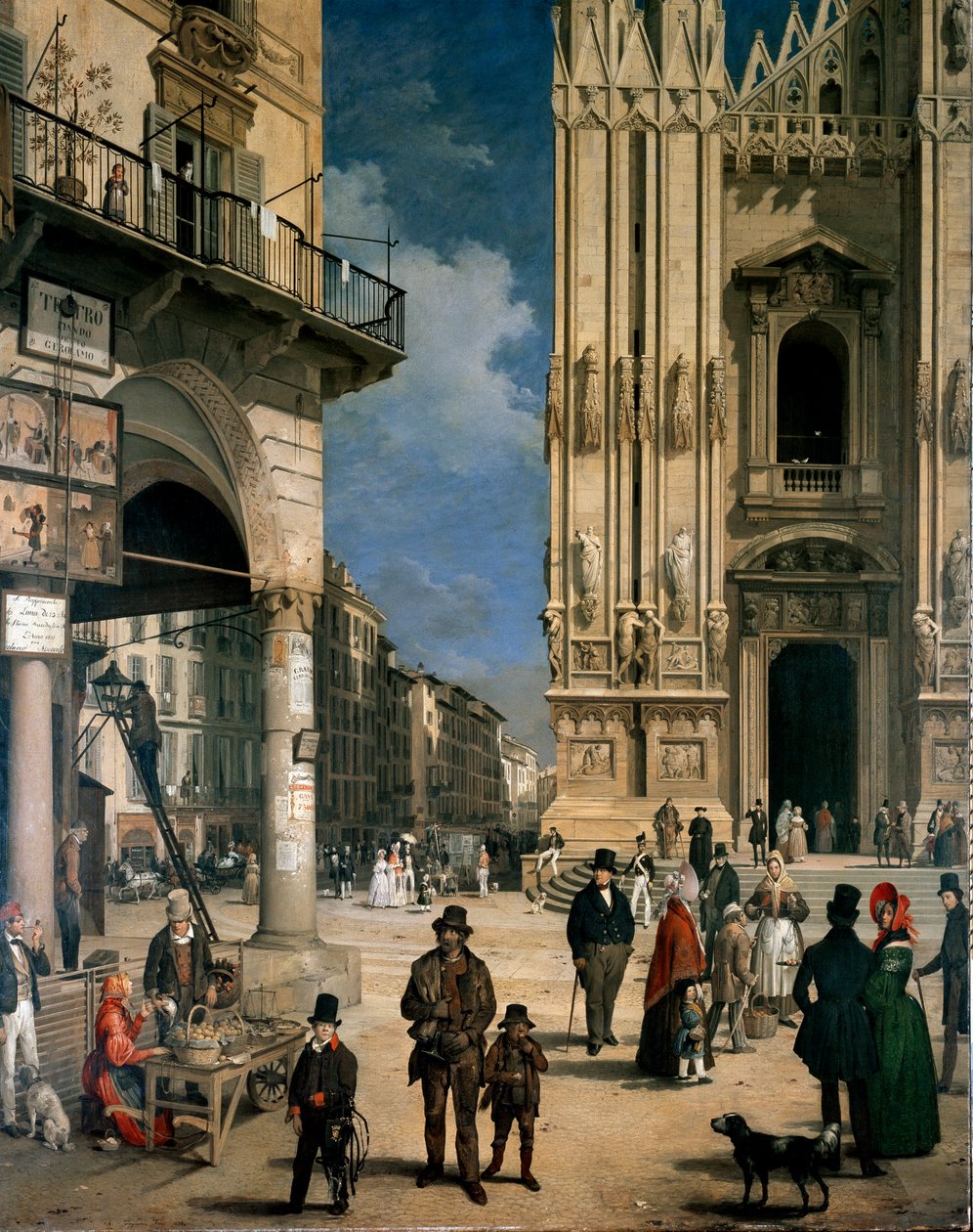 Marche de Figini i Milano (Piazza del Duomo med et hjørne af Coperto dei Figini) Detalje af Angelo Inganni