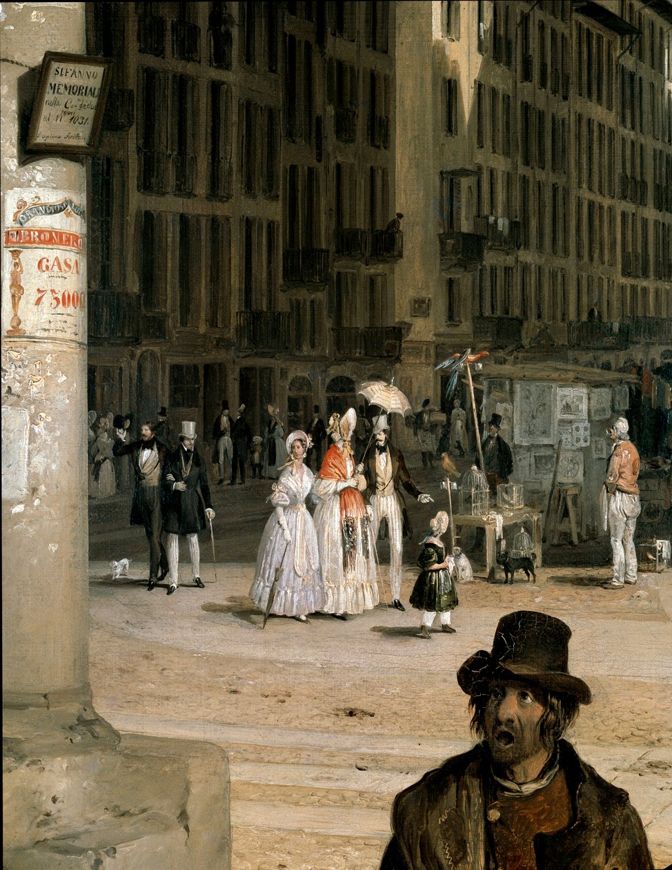 Marche de Figini a Milano (Piazza del Duomo med et hjørne af Coperto dei Figini) Detalje - Maleri af Angelo Inganni (1807-1880) af Angelo Inganni