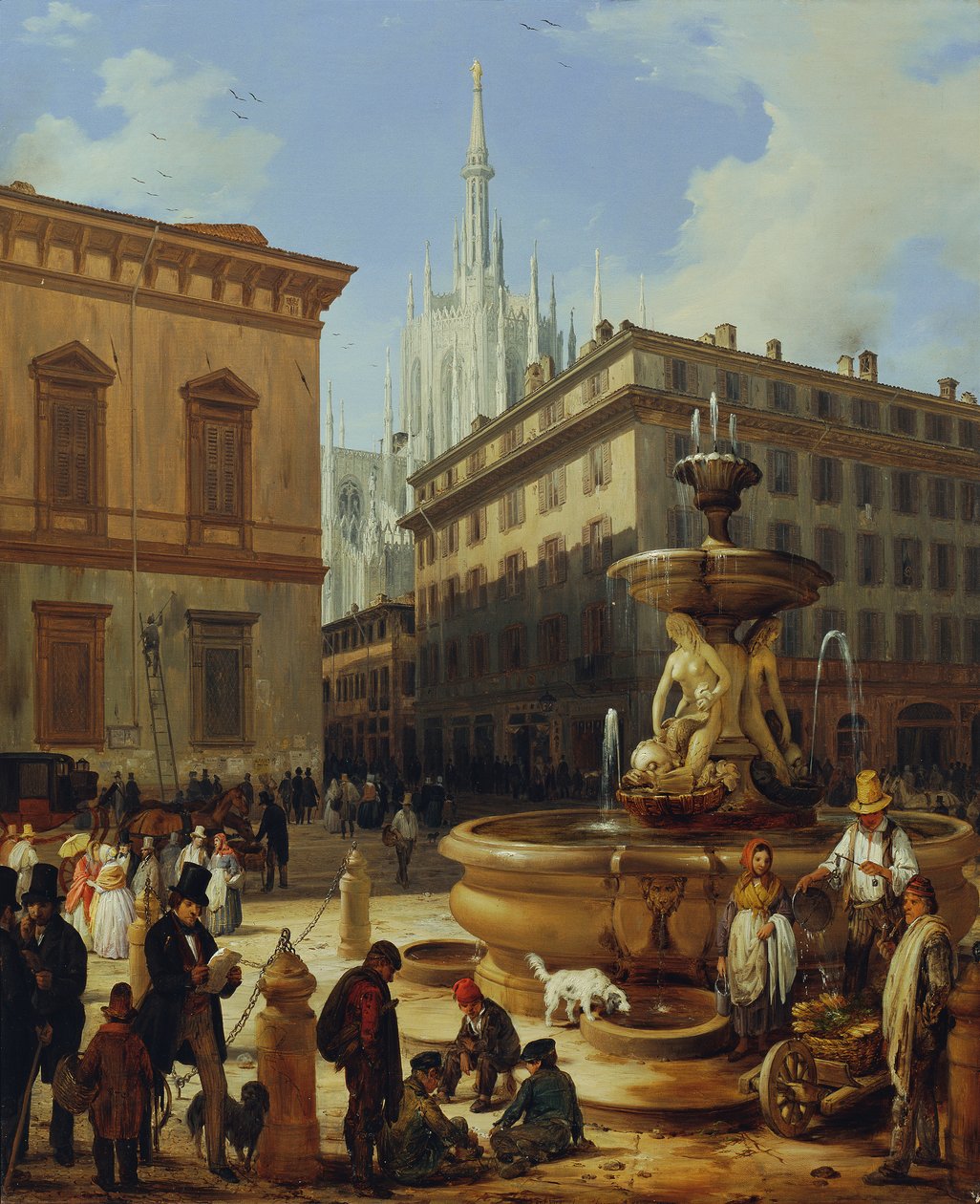 Gadeudsigt fra Milano, i baggrunden Duomo af Angelo Inganni