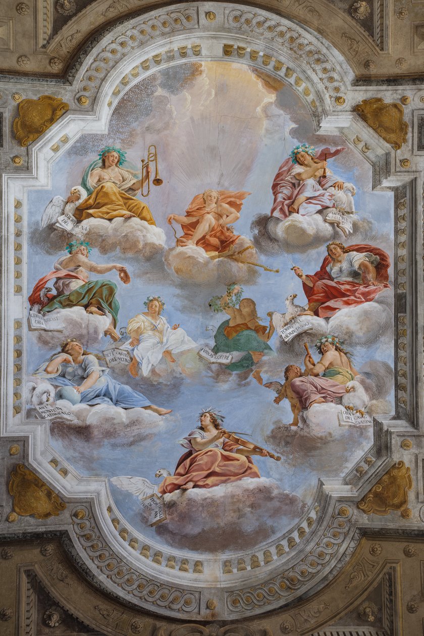 Loft i salen med Bologna-kvartererne, Vagthallen, Este Ducal Palace, Sassuolo, Italien af Angelo Michele Colonna