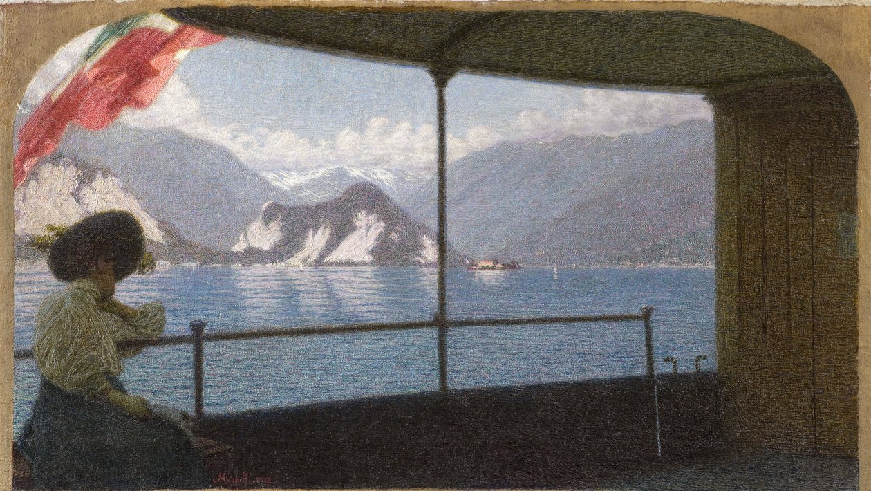 En båd på Lago Maggiore - Angelo Morbelli (1853-1919). Olie på lærred af Angelo Morbelli