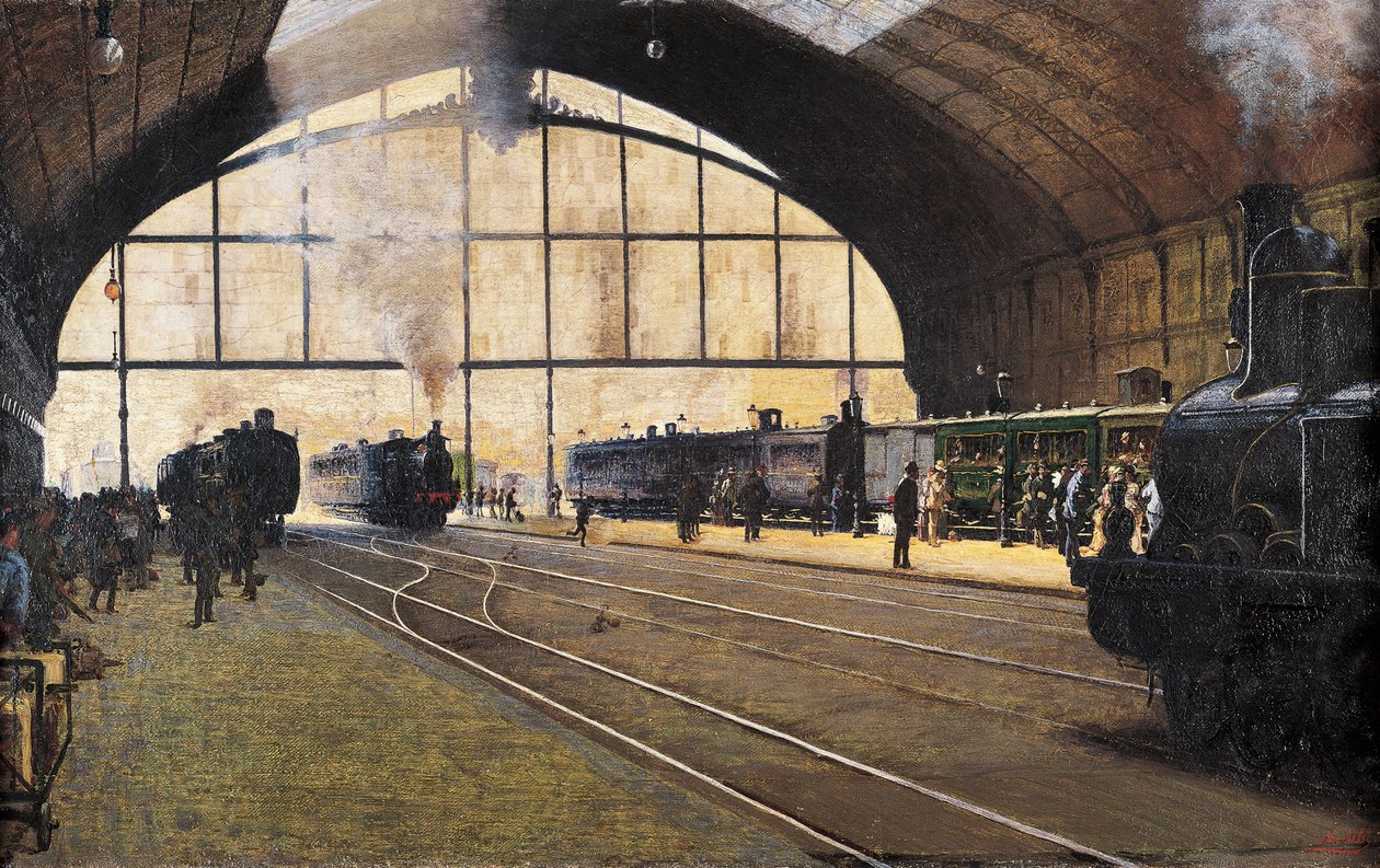 Central Station, Milano af Angelo Morbelli (1853-1919) Olie på lærred af Angelo Morbelli