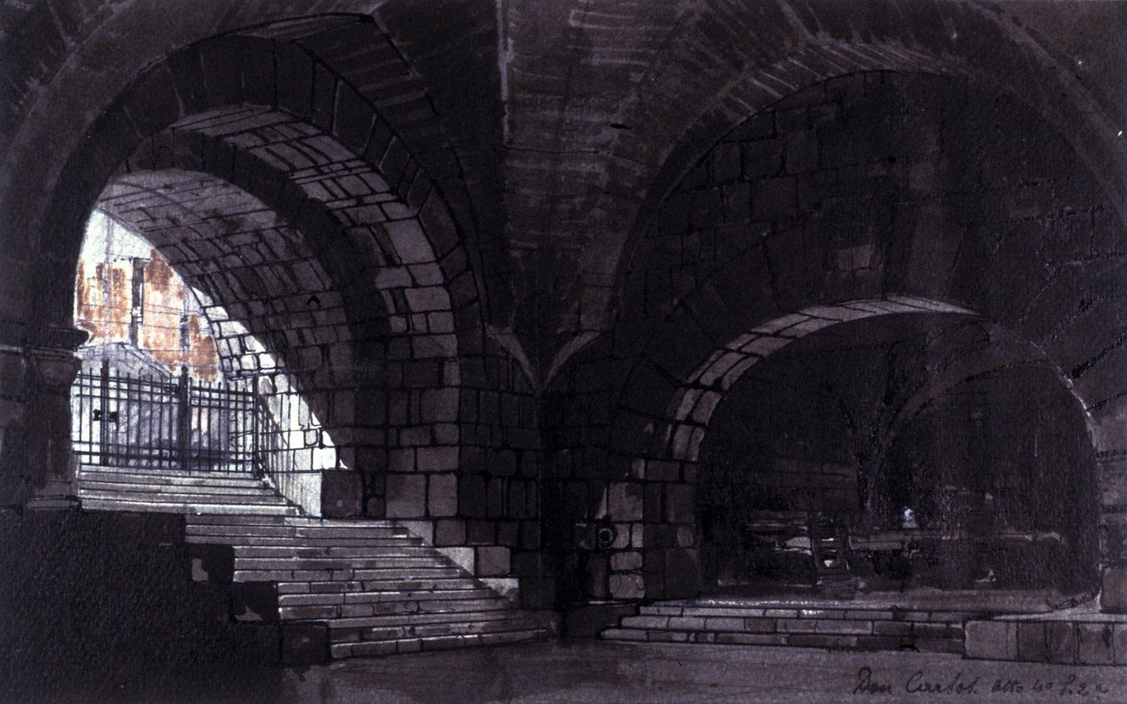Scenografi af Angelo Parravicini til scene 2 i akt IV af operaen "Don Carlos"" af den italienske komponist Giuseppe Verdi (1813-1901) til opførelsen i teatro alla Scala (Theatre de la Scala) i Milano den 26/10/1912 . af Angelo Parravicini