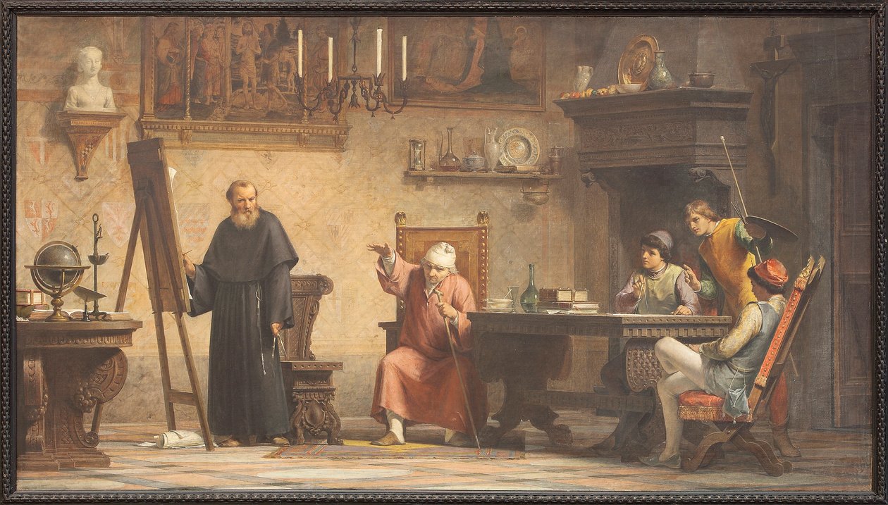 Piero della Francesca dikterer geometrireglerne til Luca Pacioli. af Angelo Tricca