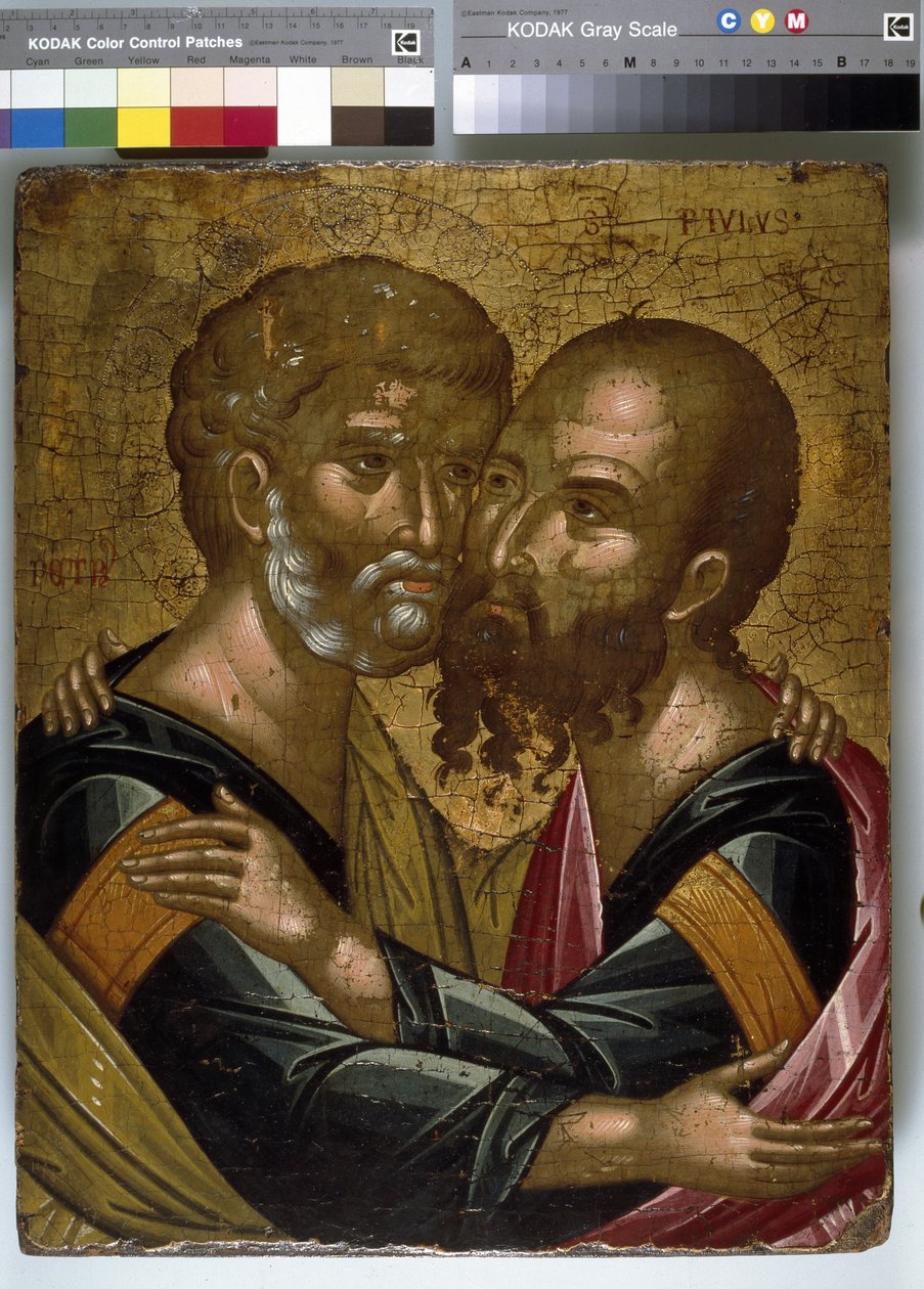 Ikon for Apostlenes omfavnelse af apostlene Peter og Paulus (olie på lærred på panel) af Angelos Akotantos