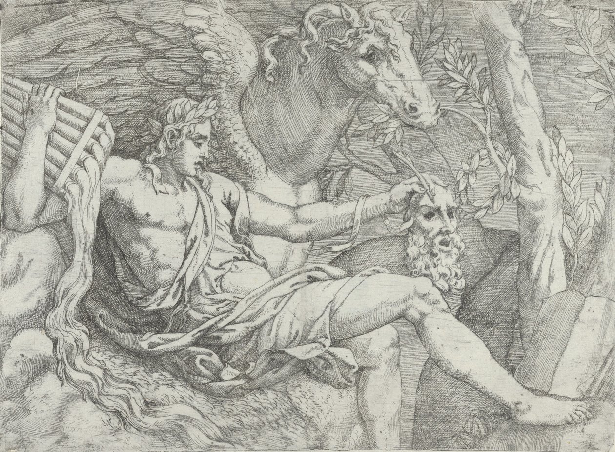 Apollo holder piber i højre hånd ledsaget af Pegasus, 1556-60. af Angiolo Falconetto