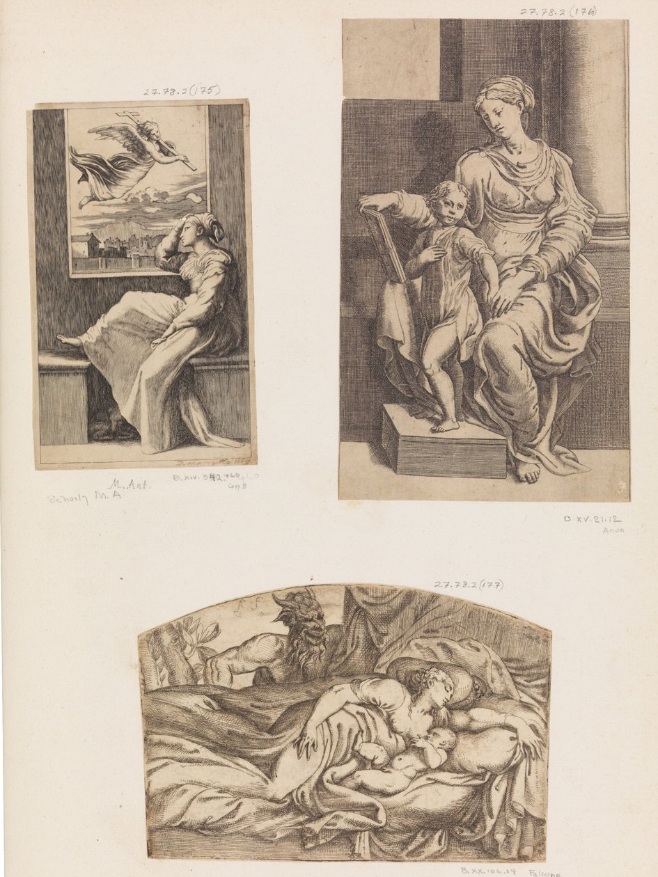Kvinde og engel, Jomfru og Barn, Satyr ser på en ung mor og et barn, der sover, 1555-1567. af Angiolo Falconetto