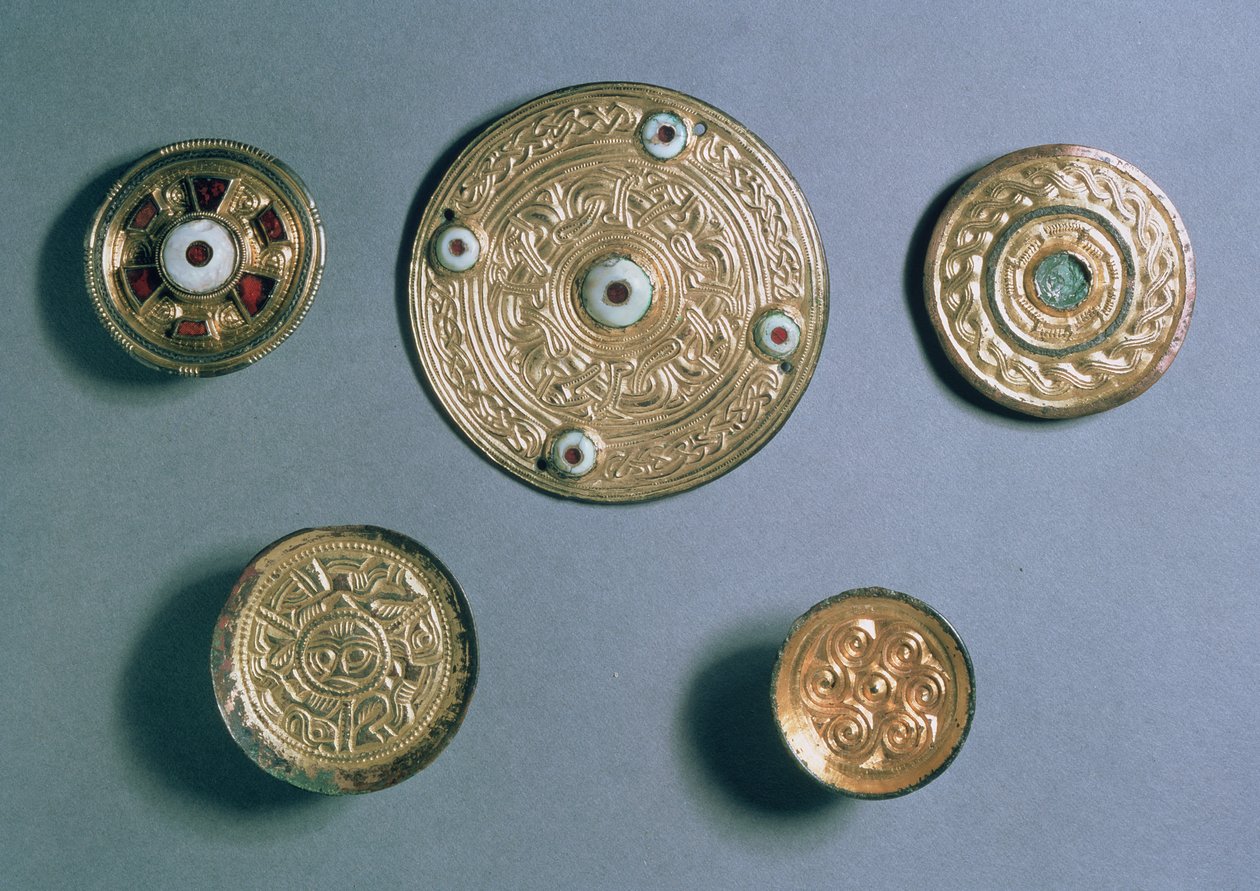 Vedhæng med juveler, angelsaksisk (guld, forgyldt sølv og halvædelsten) af Anglo Saxon