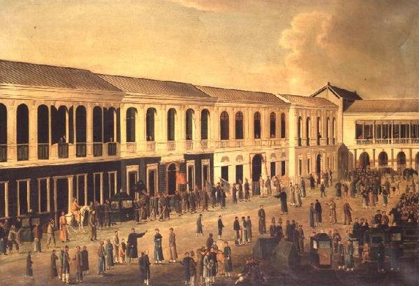 En udsigt over Hongs på havnefronten i Canton, c.1825 af Anglo Chinese School