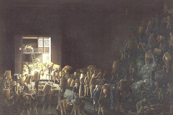 Fyldning af tekister; og tefremstilling i den første proces, c.1820 (en af et par) c.1820 af Anglo Chinese School
