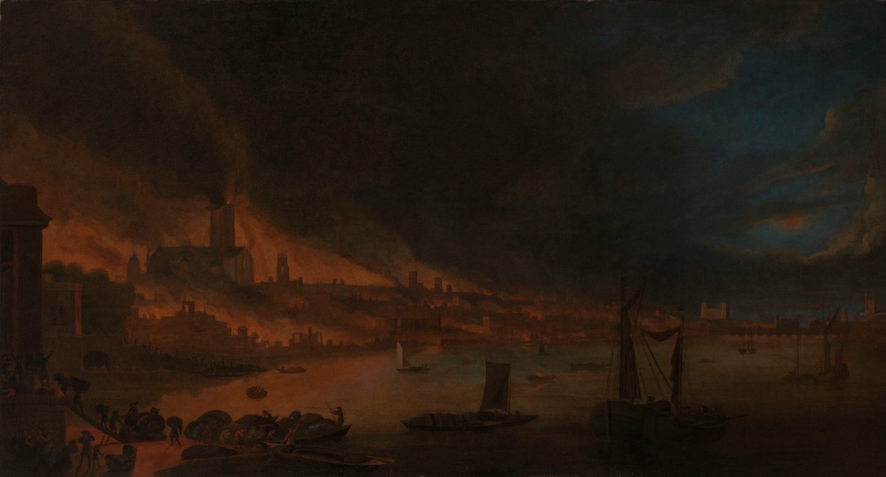 The Great Fire of London, ca. 1666-1700 (olie på lærred) af Anglo Dutch School