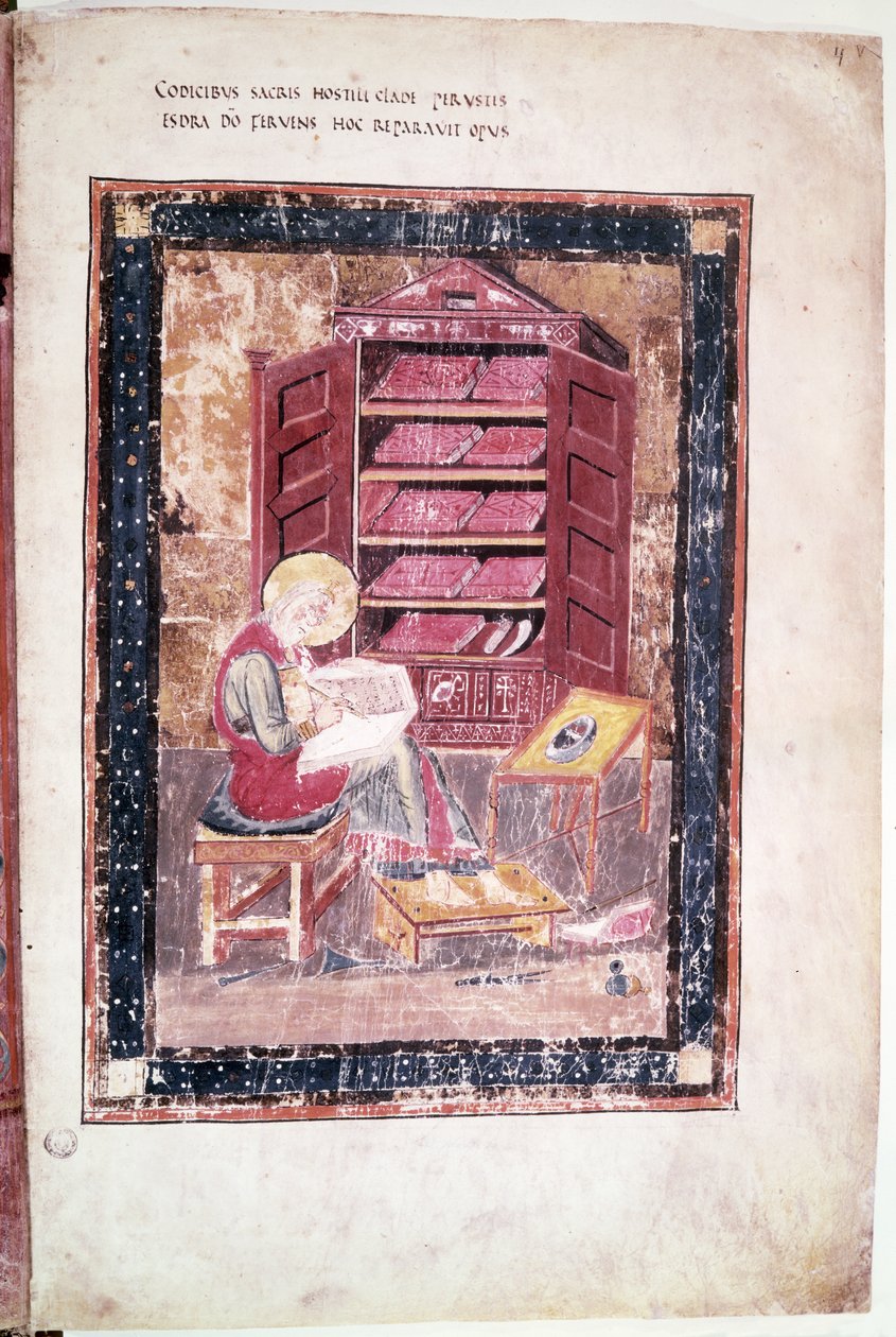 Ms 1 f.vr Ezra skriver de hellige bøger fra hukommelsen i 458 f.Kr., fra Codex Amiatinus af Anglo Saxon