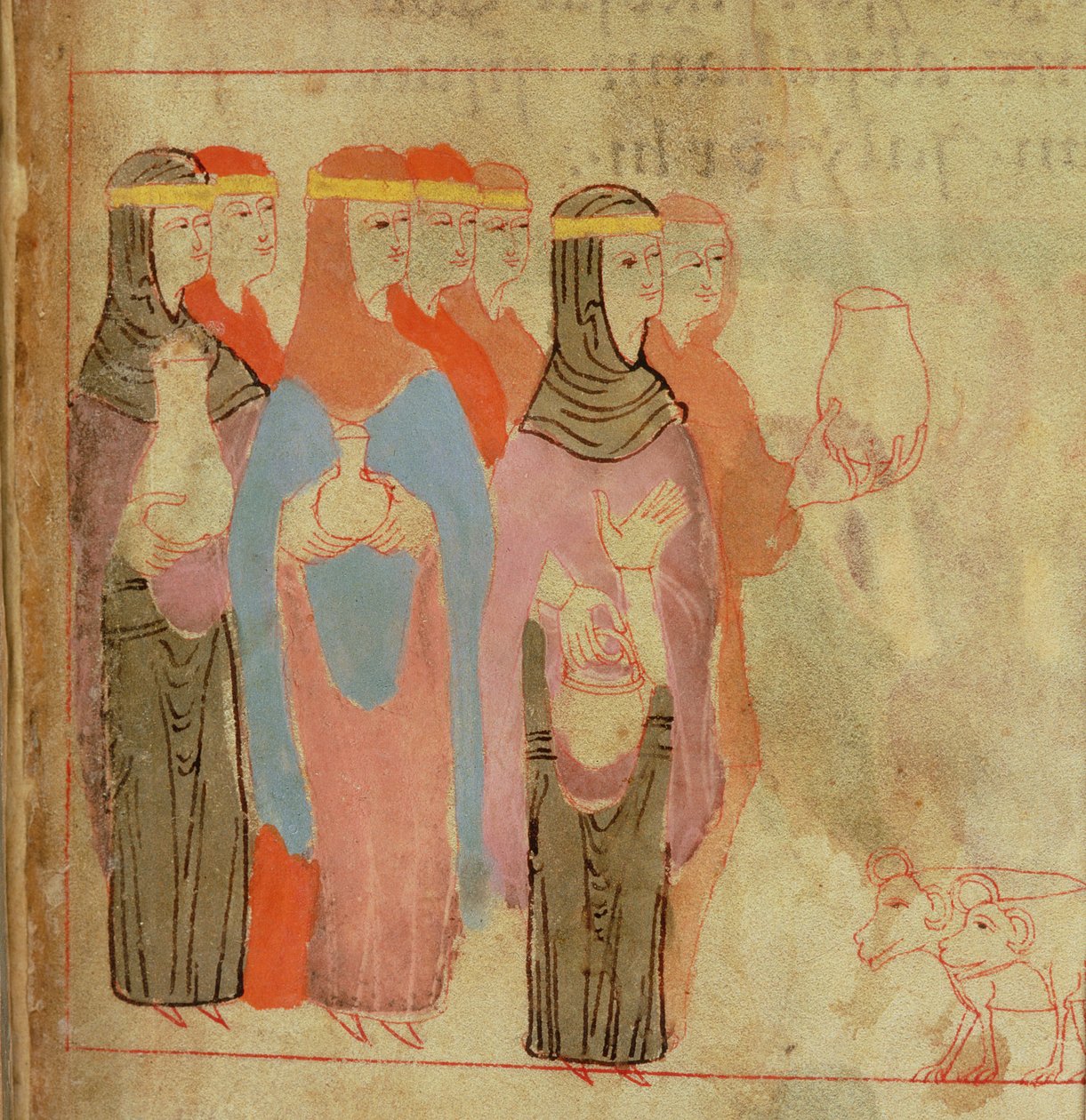 Cott Claud B IV f.76 Kvinder med guld pandebånd, fra Aelfric Pentateuch, fra St. Augustine
