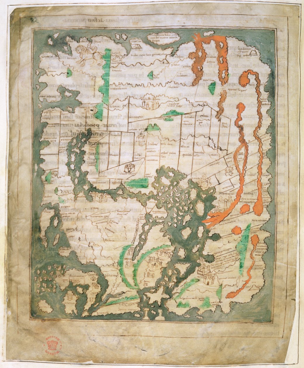 Cott Tib B V Del 1 f.56v Rektangulært kort over verden, ca. 1030 (vellum) af Anglo Saxon
