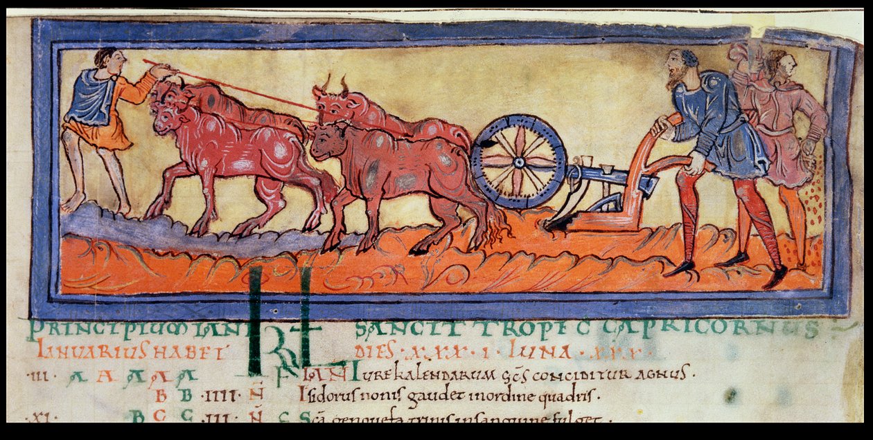 Cott Tib B V f.3 Pløjning, fra en kalender, ca. 1030 (vellum) af Anglo Saxon
