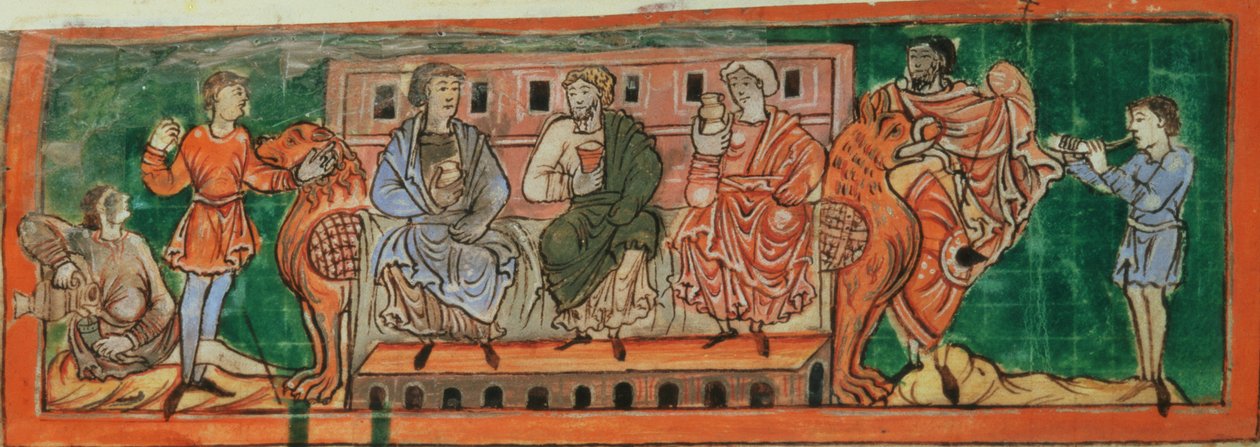 Cott Tib B V f.4v Aristocrats, på tærsklen til Domesday, fra en kalender, ca. 1030 (vellum) af Anglo Saxon