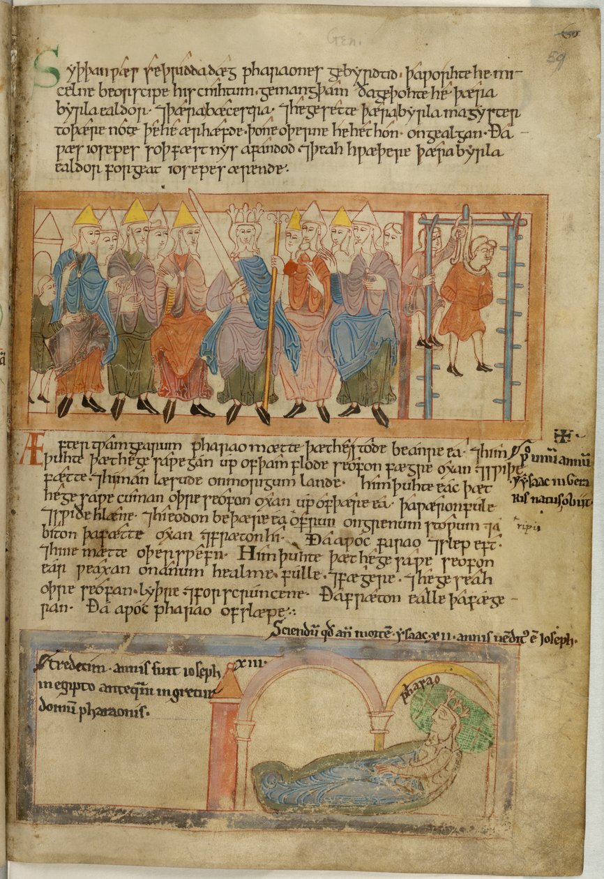 Bomuld Claudius B. IV, f.59 Farao får sin chefbager hængt, vellum af Anglo Saxon