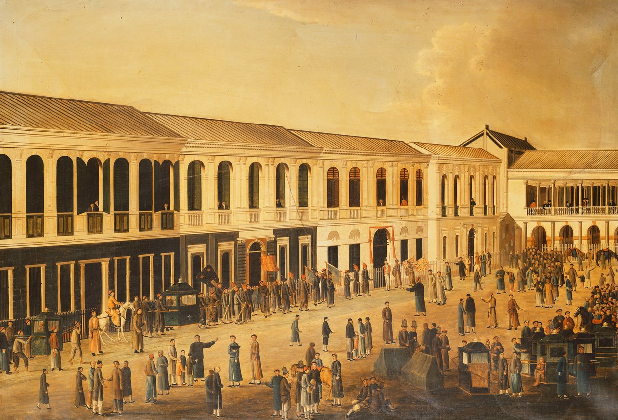 En udsigt over Hongs på havnefronten ved Canton, ca. 1825 af Anglo Chinese School