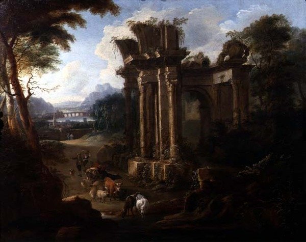 Klassisk landskab med en kohyrde, der vander sit kvæg, ca. 1720 (olie på lærred) af Anglo Flemish School