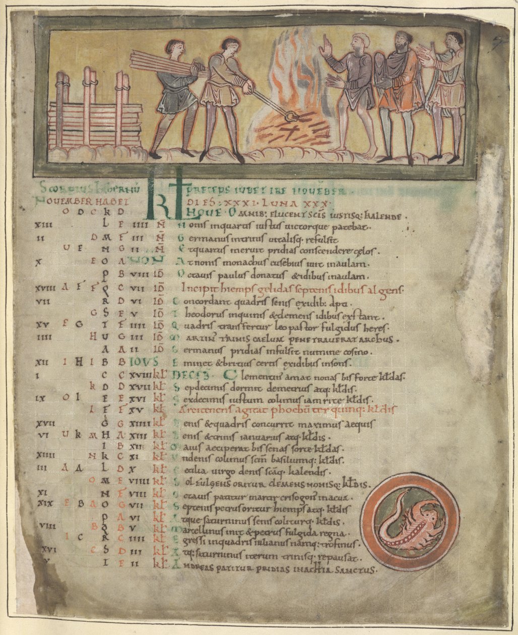 Bomuld Tiberius B. V. Del 1 f.8 Opvarmning og smedning, november fra en kalender, Winchester (?) anden fjerdedel af 11. århundrede (vellum) af Anglo Saxon