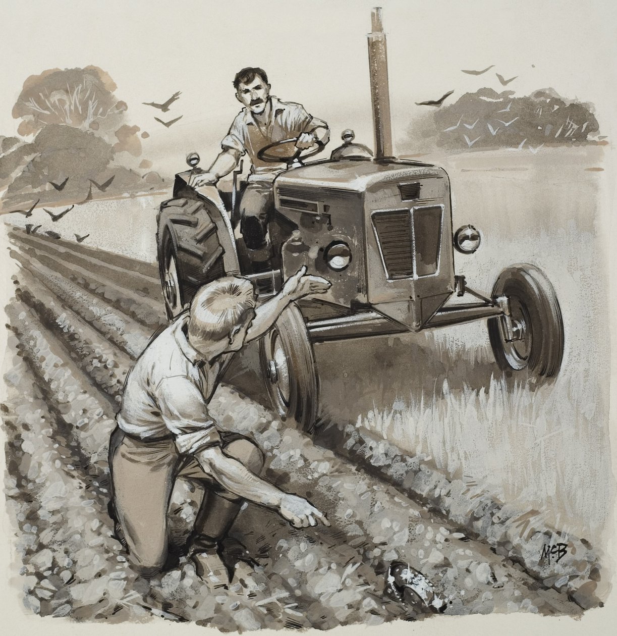 Landmand opdager et antikvarisk relikvie (gouache på papir) af Angus McBride