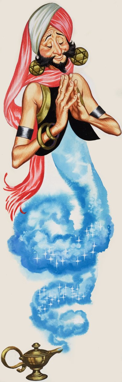 Genie kommer ud af sin lampe, illustration fra 