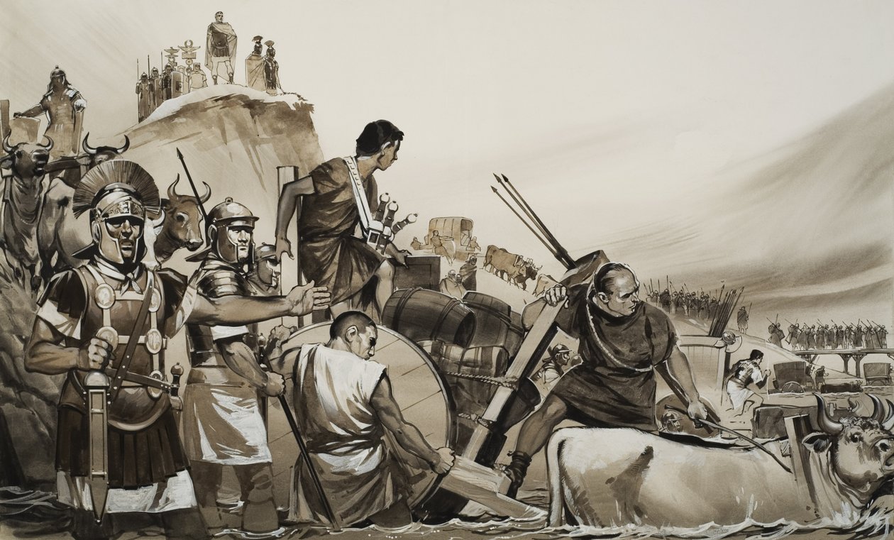 Julius Cæsar (100-44 f.Kr.) førte sine soldater over den lille flod Rubicon og marcherede mod Rom (gouache på papir) af Angus McBride