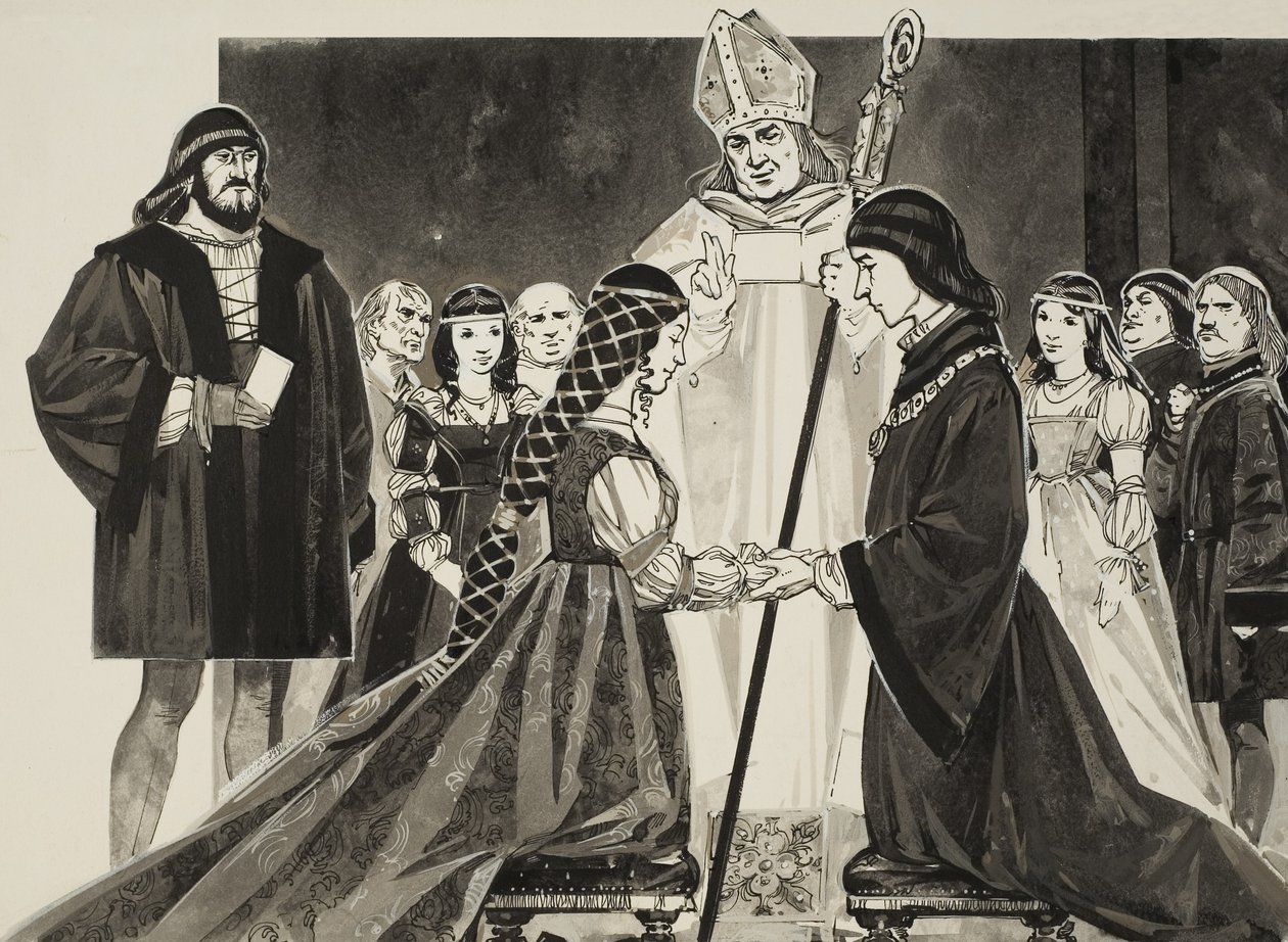 Lucrezia Borgias (1480-1519) ægteskab med hertug Alfonso (gouache på papir) af Angus McBride