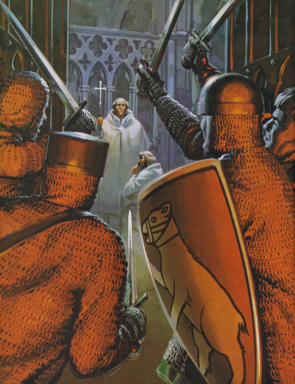 Mordet på Thomas A Becket i Canterbury-katedralen (farvelitografi) af Angus McBride