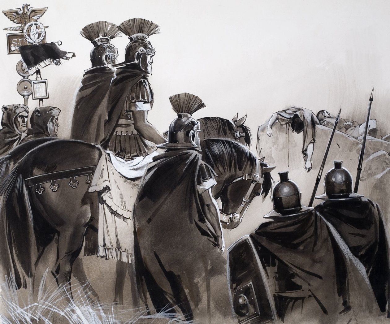 Romerske soldater efter et slag (gouache på papir) af Angus McBride