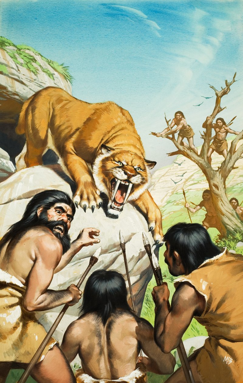 Tigre med sabeltænder og hulemænd (gouache på papir) af Angus McBride